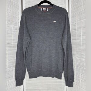 Helly Hansen Merino Wool Sweater Gray Size M Light Weight Knit Patch Detail